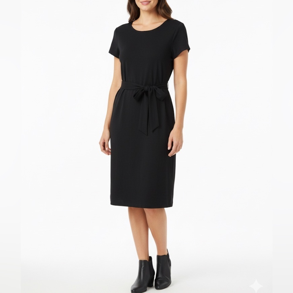 New Carmen Marc Valvo Black Tie Waist T Shirt Dress Short Sleeve Sz S